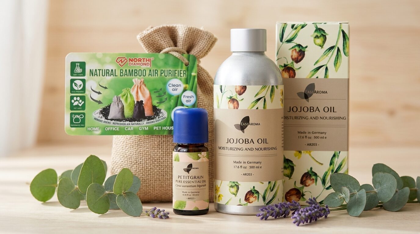 fleuresse EaseAroma essential oils and North-Diamond bamboo air purifier - Revitalizing collection